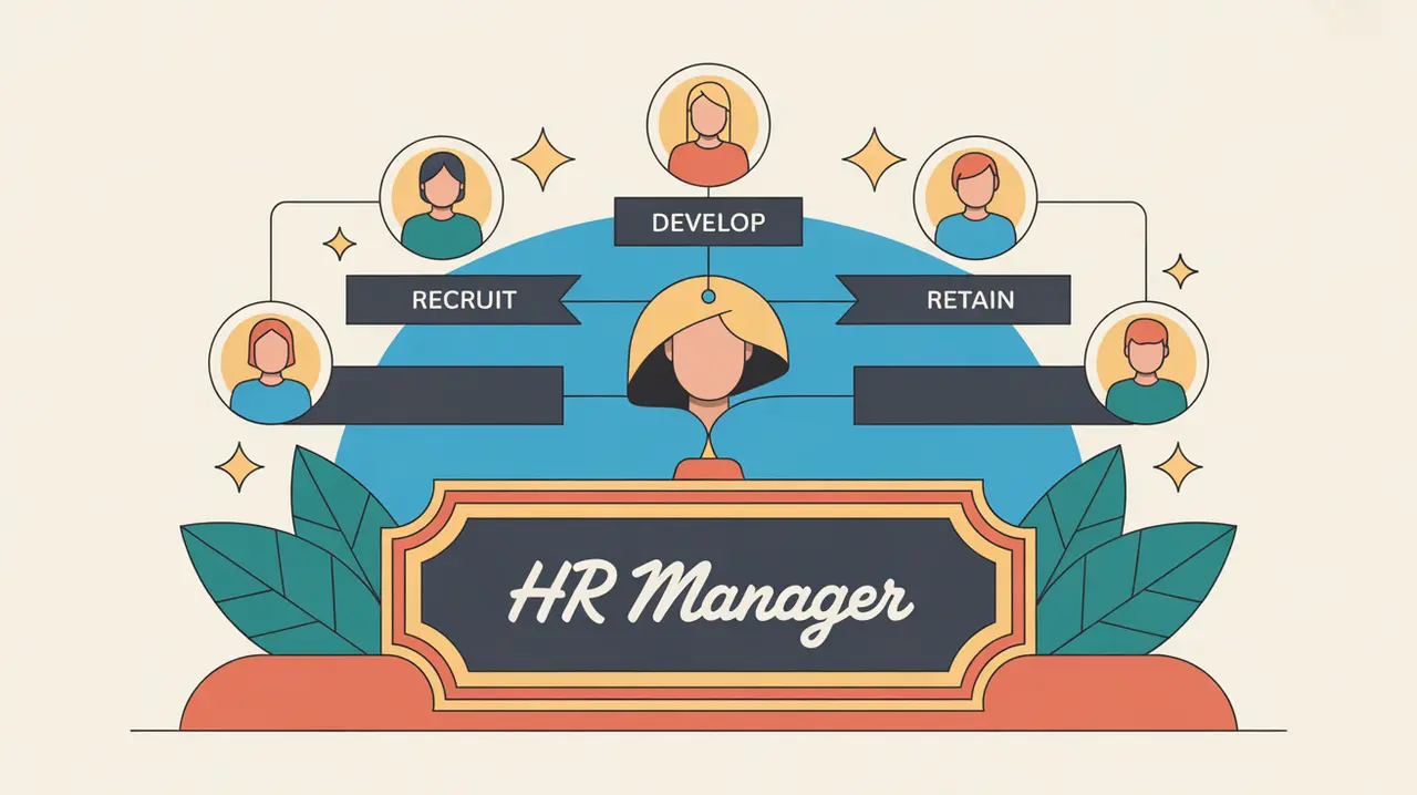 Illustration of HR manager desk nameplate with recruitment and development chart