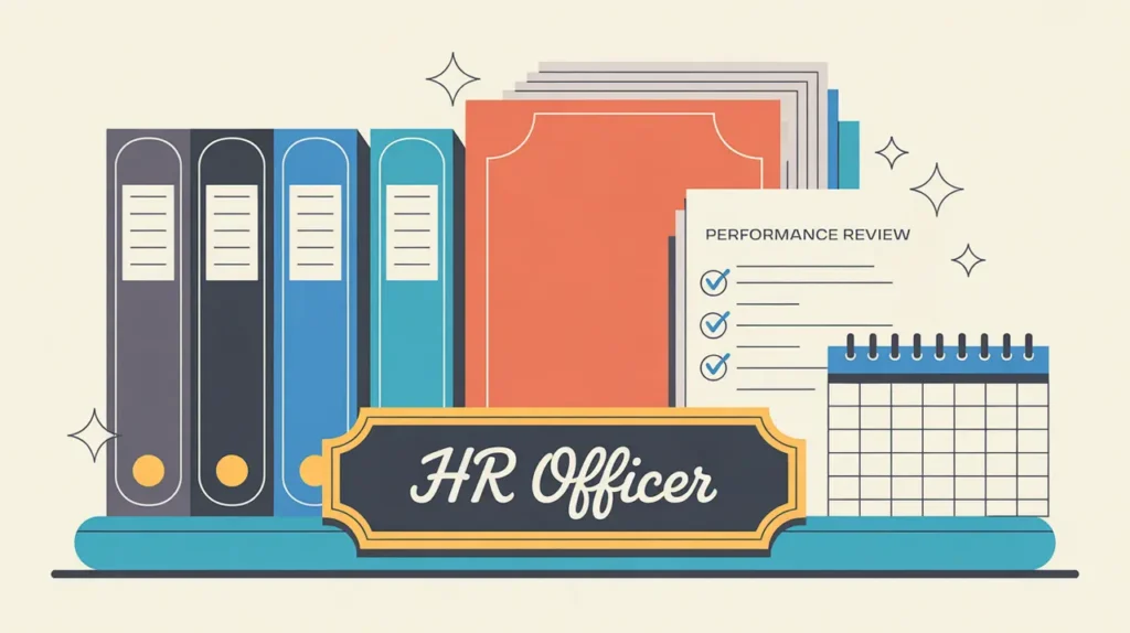 Desk nameplate reading hr officer with employee files and performance review checklist