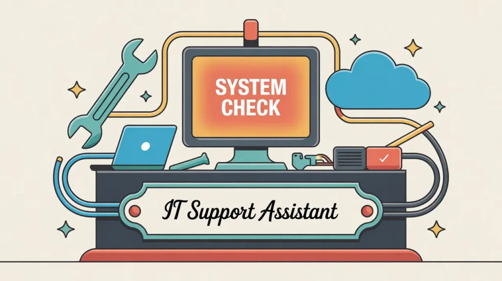 Desk nameplate reading it support assistant with laptop wrench and cloud icons
