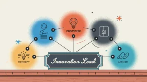 Illustration of innovation lead desk with concept prototype launch icons