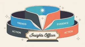 Illustration of insights officer desk with charts and glowing insight icon
