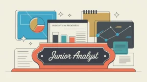 Desk nameplate reading junior analyst with charts and data visuals