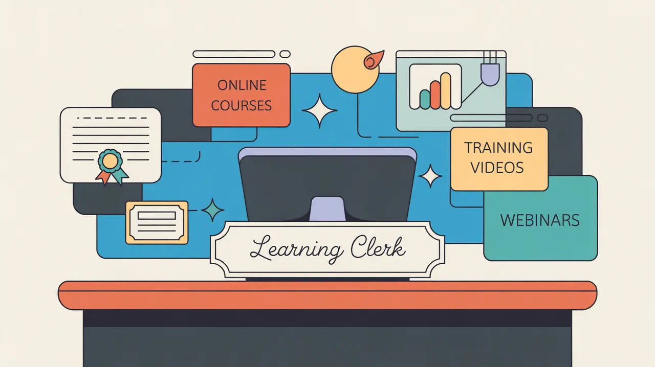 Illustration of learning clerk desk with digital learning management icons