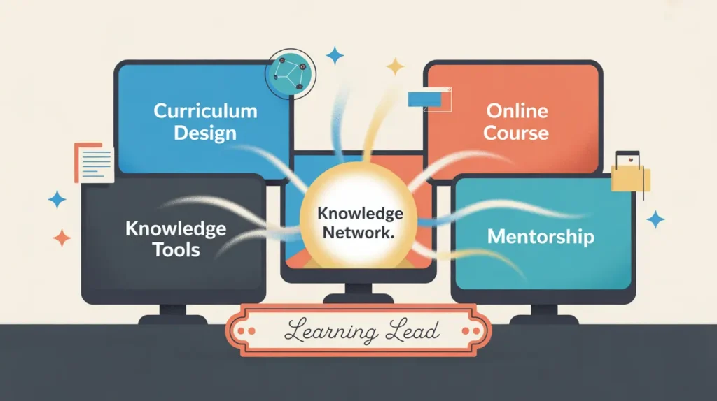 Illustration of learning lead desk with digital learning ecosystem screens