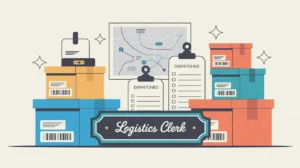 Illustration of logistics clerk desk with nameplate, boxes, barcodes, checklist, and map