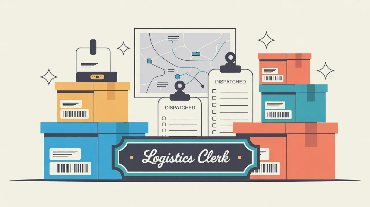 Illustration of logistics clerk desk with nameplate, boxes, barcodes, checklist, and map