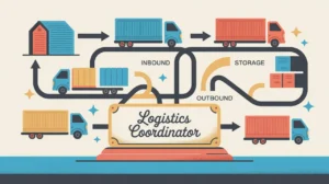 Illustration of logistics coordinator desk with route map and delivery icons