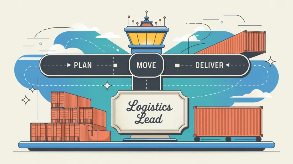 Illustration of logistics lead desk nameplate with cargo icons and control tower