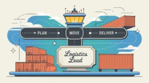 Illustration of logistics lead desk nameplate with cargo icons and control tower