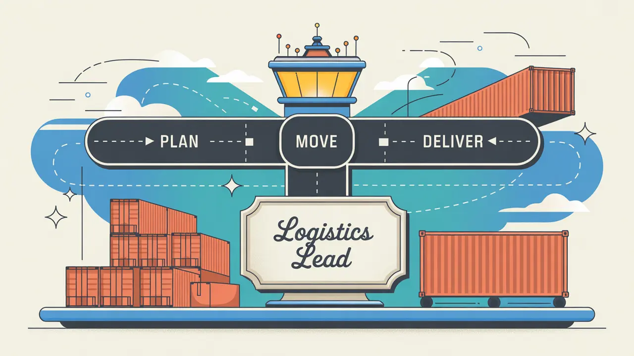 Illustration of logistics lead desk nameplate with cargo icons and control tower