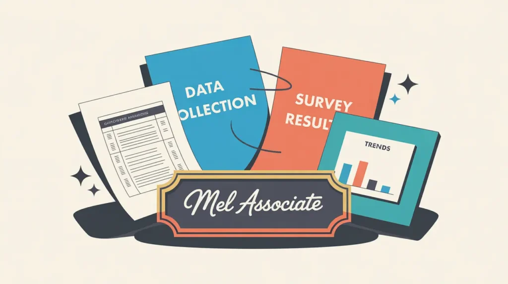 Desk nameplate reading mel associate with data sheets and monitor showing chart