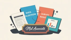 Desk nameplate reading mel associate with data sheets and monitor showing chart