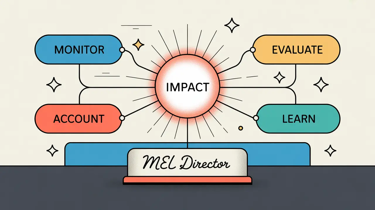 Illustration of MEL director dashboard with Monitor Evaluate Learn nodes and Impact center