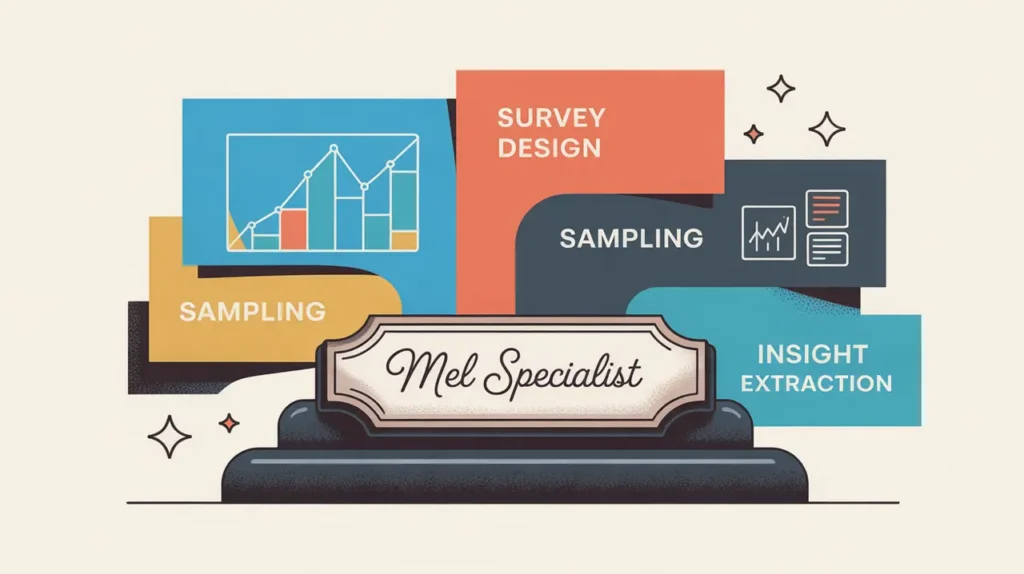 Desk nameplate reading mel specialist with data charts and icons