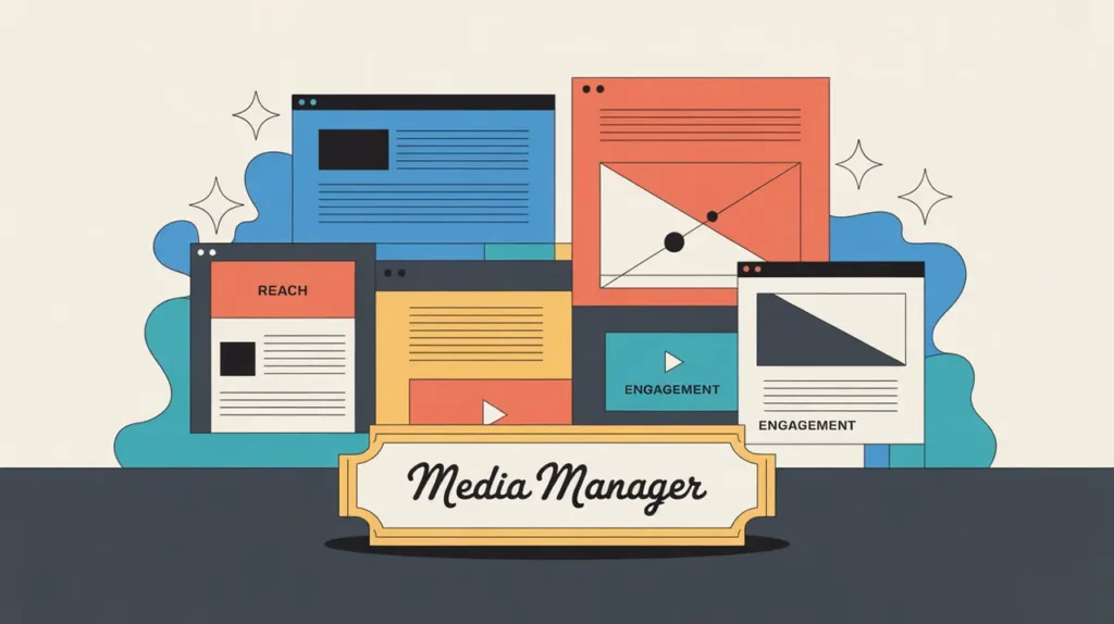 Illustration of media manager desk with digital panels showing headlines and audience metrics