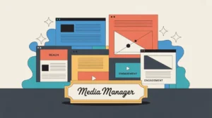 Illustration of media manager desk with digital panels showing headlines and audience metrics