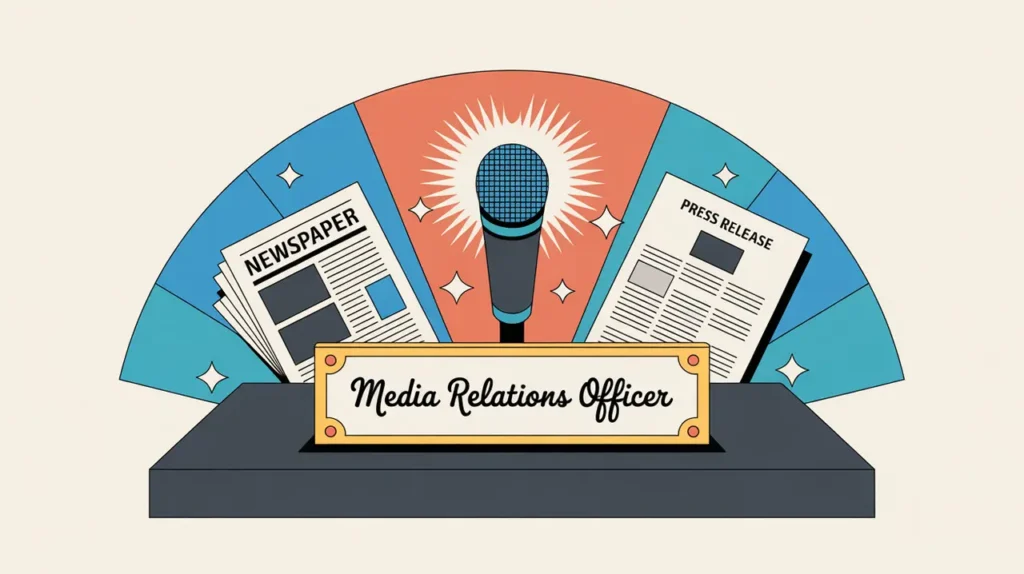 Desk nameplate media relations officer with newspapers microphone and press release