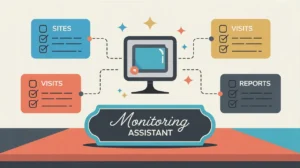 Illustration of monitoring assistant desk with checklists and data icons