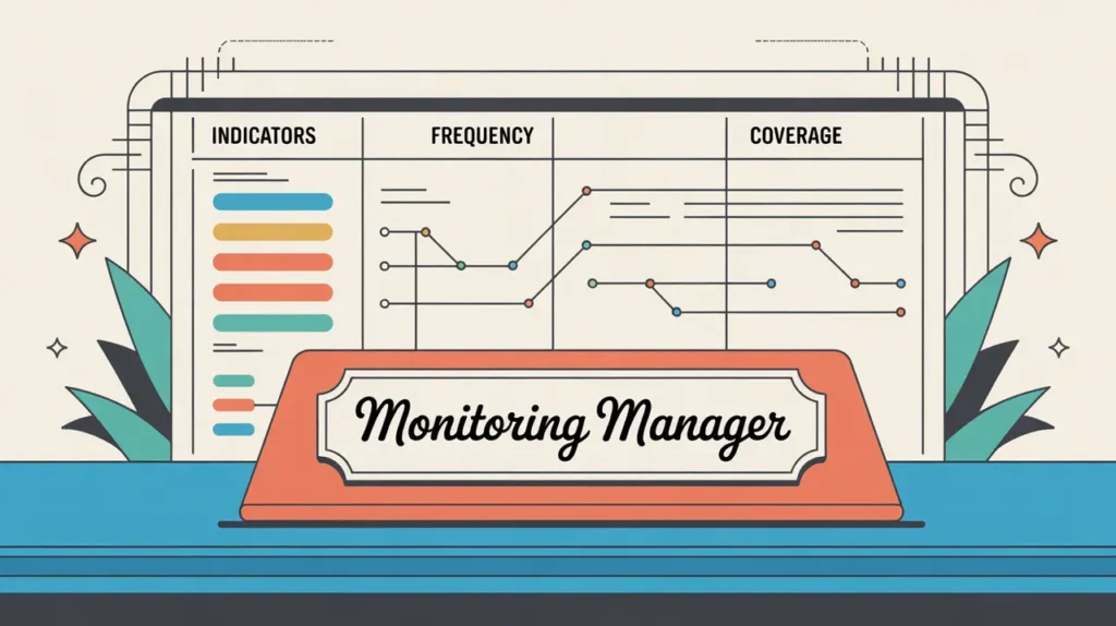 Illustration of monitoring manager desk with oversight dashboard and data indicators