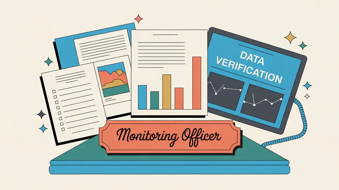 Illustration of monitoring officer desk with data reports and tablet screen