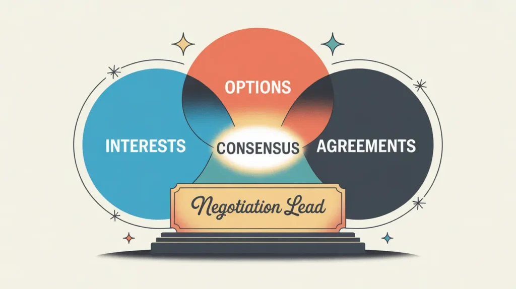 Illustration of negotiation lead desk nameplate with overlapping circles showing consensus