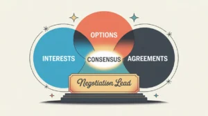 Illustration of negotiation lead desk nameplate with overlapping circles showing consensus