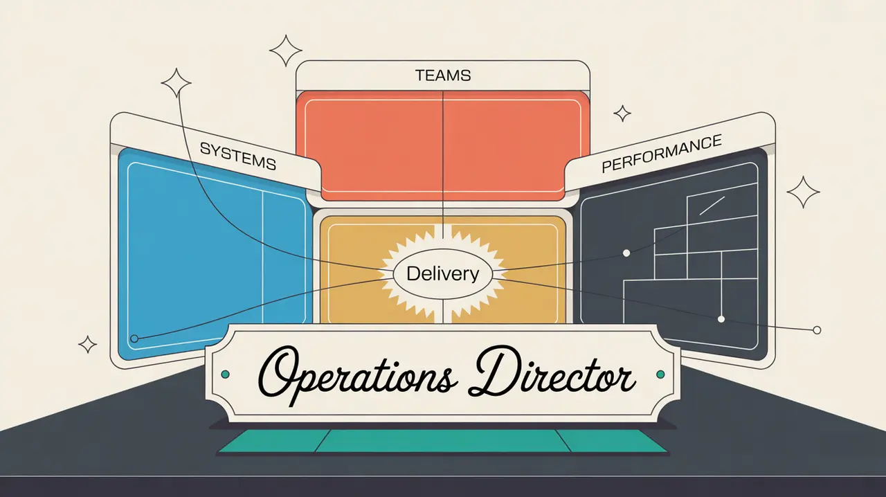 Illustration of operations director desk with dashboard panels and glowing delivery hub