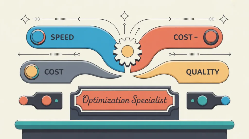 Desk nameplate labeled optimization specialist with sliders and gear icon