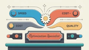 Desk nameplate labeled optimization specialist with sliders and gear icon