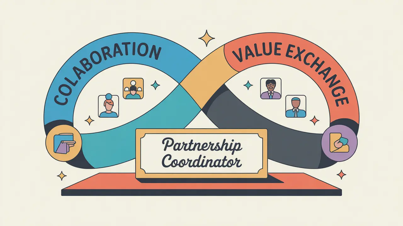 Illustration of partnership coordinator desk nameplate with collaboration and value exchange icons