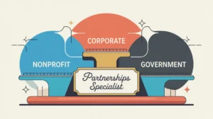Illustration of partnerships specialist desk with bridges linking nonprofit corporate government