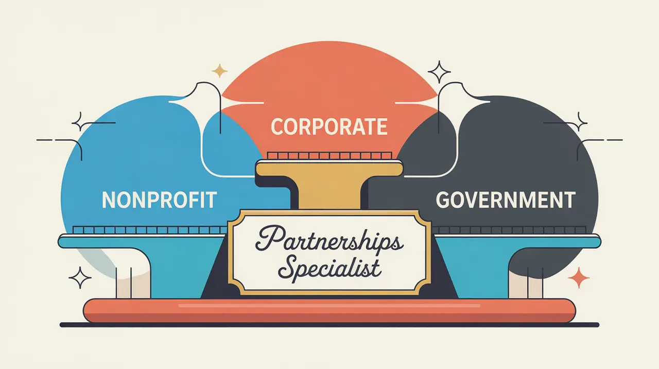 Illustration of partnerships specialist desk with bridges linking nonprofit corporate government