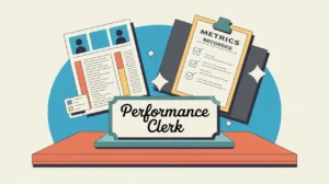 Desk nameplate reading performance clerk with charts and checklist