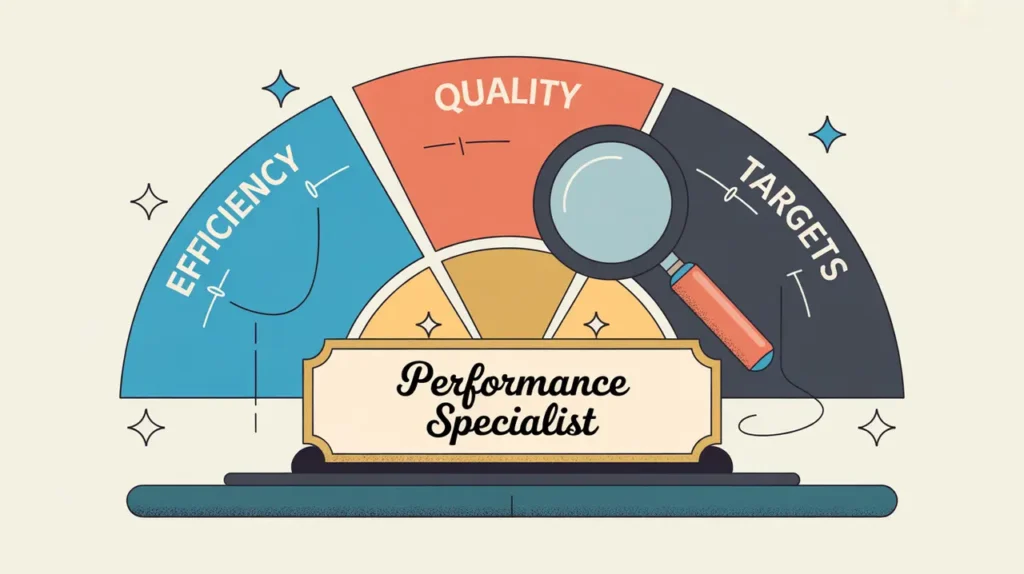 Illustration of performance specialist desk with charts and magnifying glass