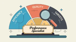 Illustration of performance specialist desk with charts and magnifying glass