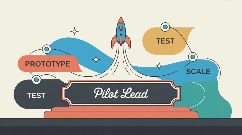 Illustration of pilot lead desk nameplate with innovation map and rocket icon