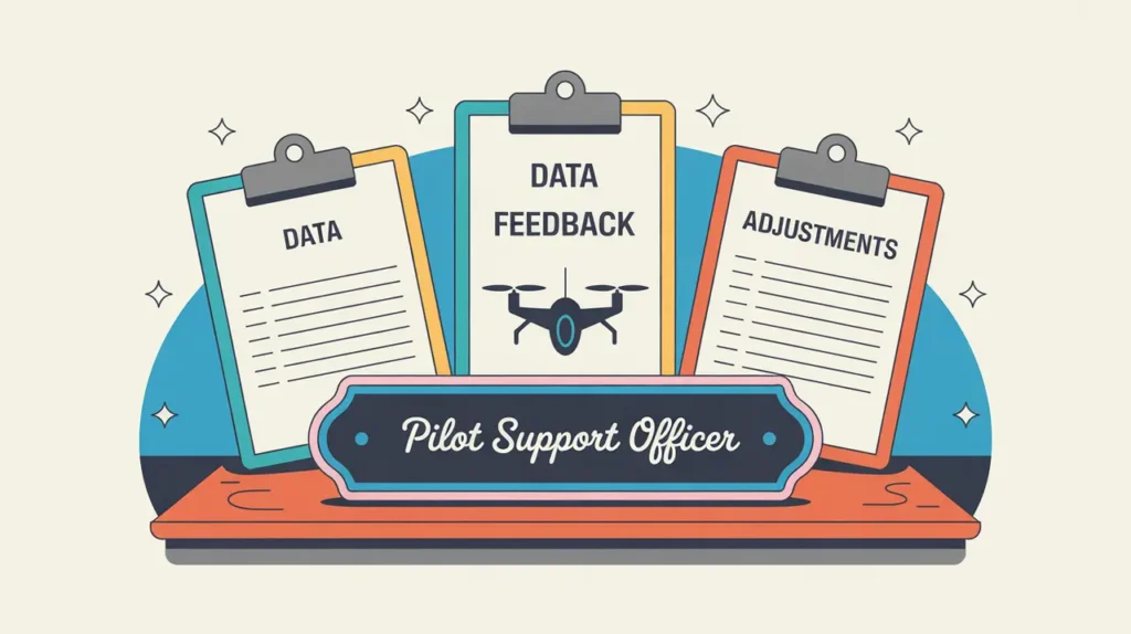 Desk nameplate pilot support officer with clipboards and drone icon