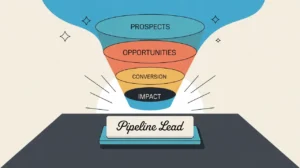 Illustration of pipeline lead desk nameplate with funnel showing prospects to impact