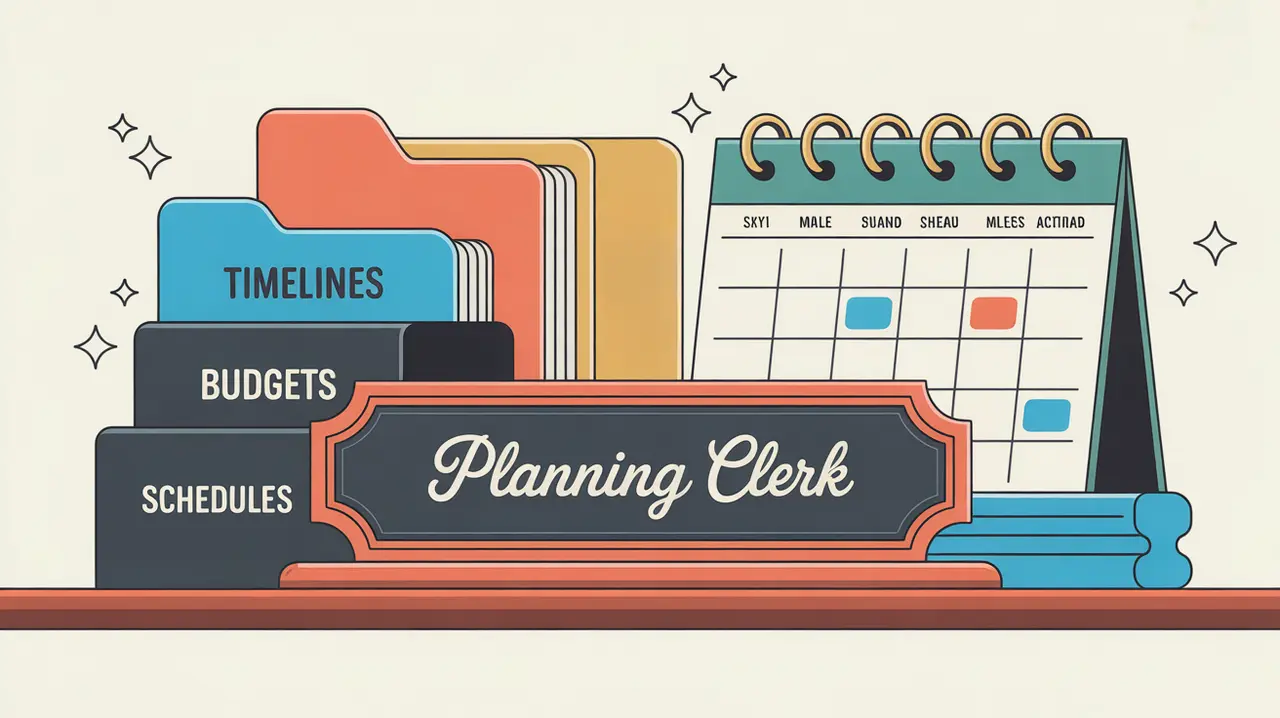 desk nameplate reading planning clerk with folders timelines budgets schedules and calendar