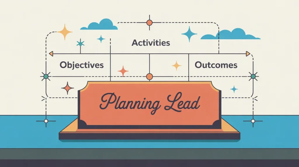 Illustration of planning lead desk nameplate with project map and charts