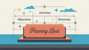 Illustration of planning lead desk nameplate with project map and charts