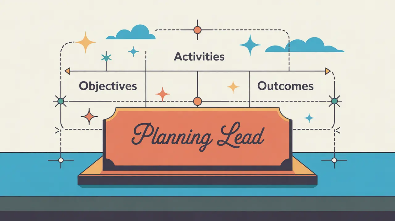 Illustration of planning lead desk nameplate with project map and charts