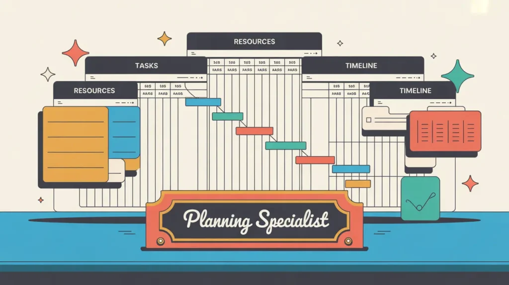 Desk nameplate reading planning specialist with Gantt charts and workflow diagrams