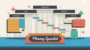 Desk nameplate reading planning specialist with Gantt charts and workflow diagrams