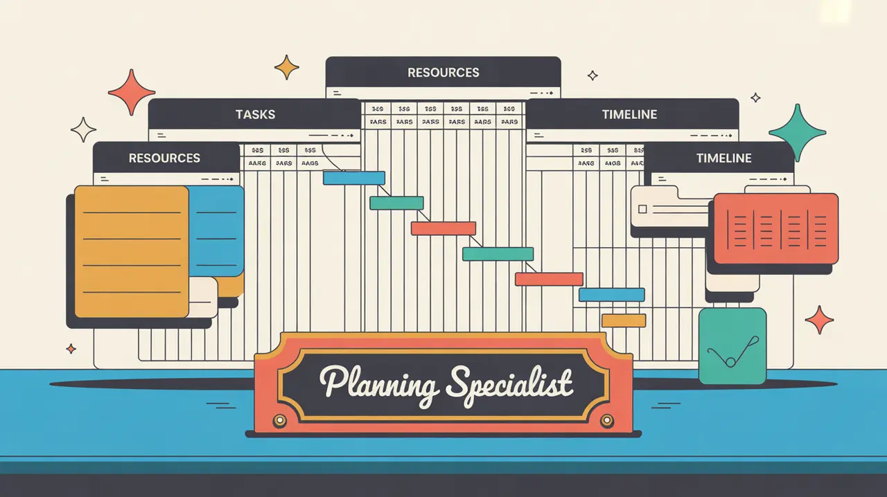 Desk nameplate reading planning specialist with Gantt charts and workflow diagrams