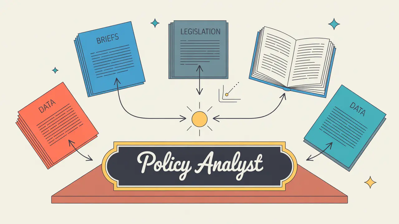 Illustration of policy analyst desk with documents and insight icon