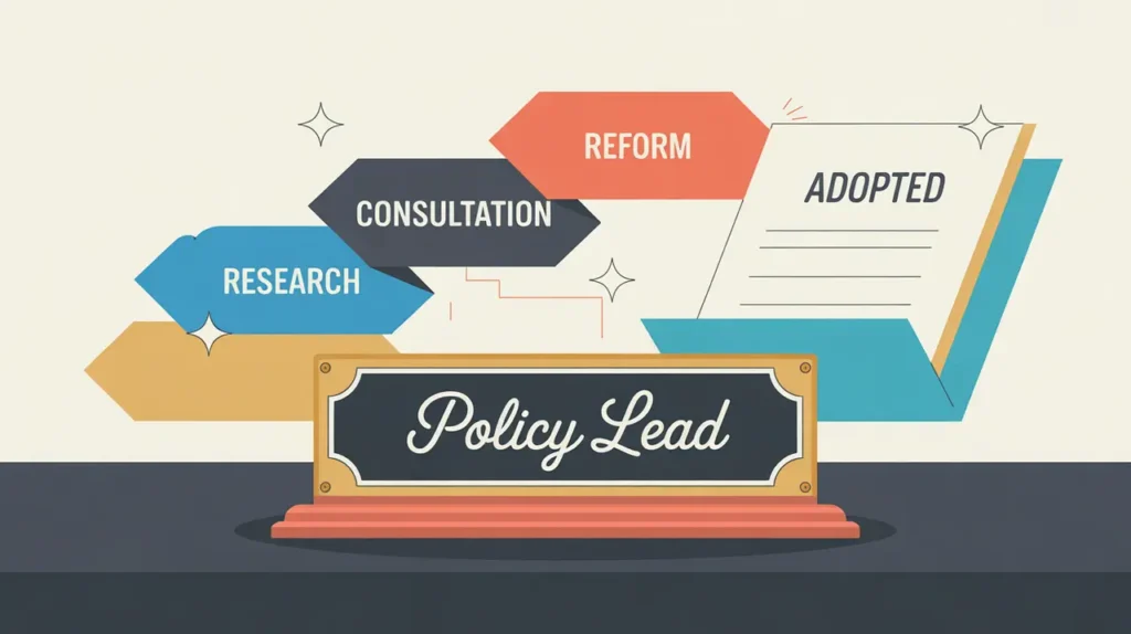 Desk nameplate reading policy lead with flowchart of research consultation reform