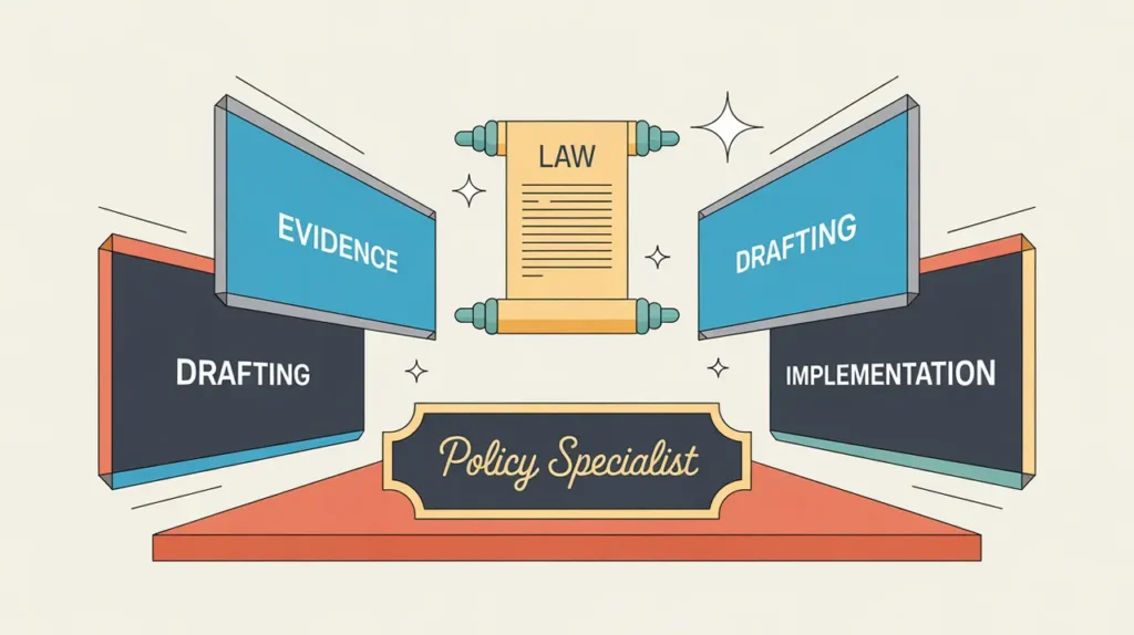 Illustration of policy specialist desk with digital panels and law scroll icon