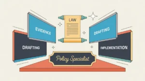 Illustration of policy specialist desk with digital panels and law scroll icon