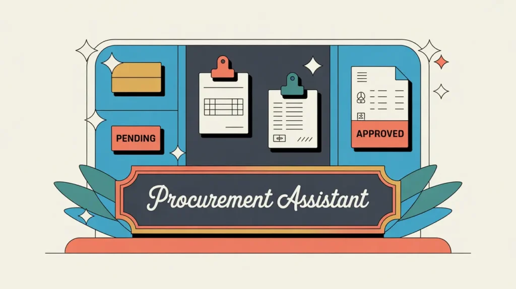 Desk nameplate reading procurement assistant with purchase orders and invoices on digital interface